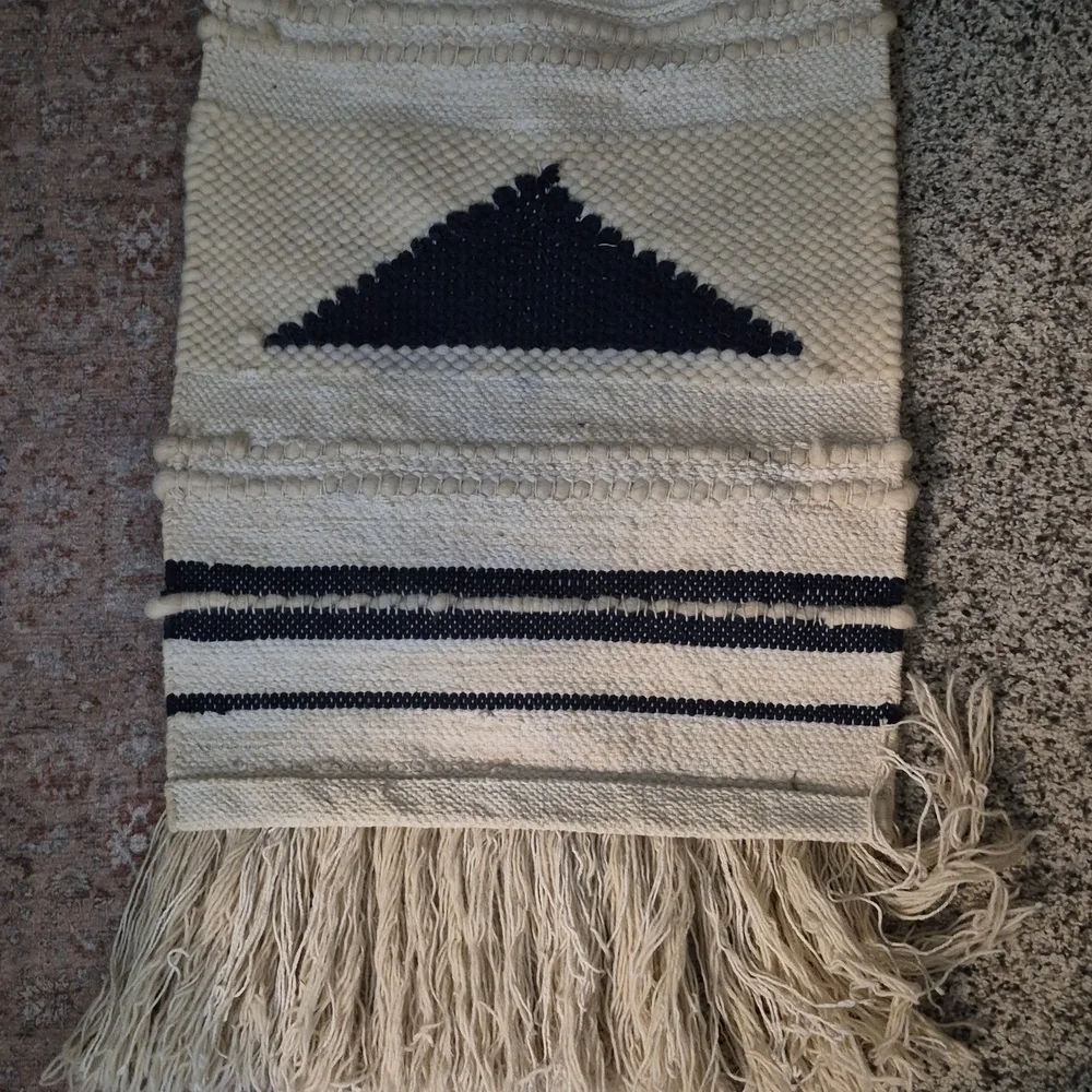 Vintage Handcrafted Cotton wool Handwoven Blue Ivory Tassel Boho wall hanging